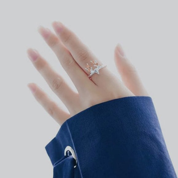 Christmas Deer Ring Adjustable Sterling Silver Animal Ring Pink Flower Ring her - Picture 4 of 6